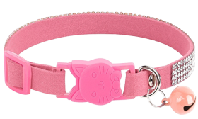 Pinke Sicherheitskatzenhalsband mit klaren Kristallreihen, verstellbarer Schnalle und Silberring für Marken, Teil der katzenmark