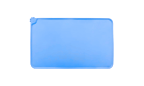 Blaue wasserdichte Silikon-Katzennapfunterlage mit erhöhtem Rand gegen Verschütten und Bodenschäden.