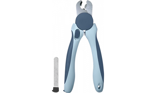 Grauer Katzen-Nagelschneider mit rutschfesten Griffen, scharfer Edelstahlklinge und integrierter Feile für präzise Pflege.